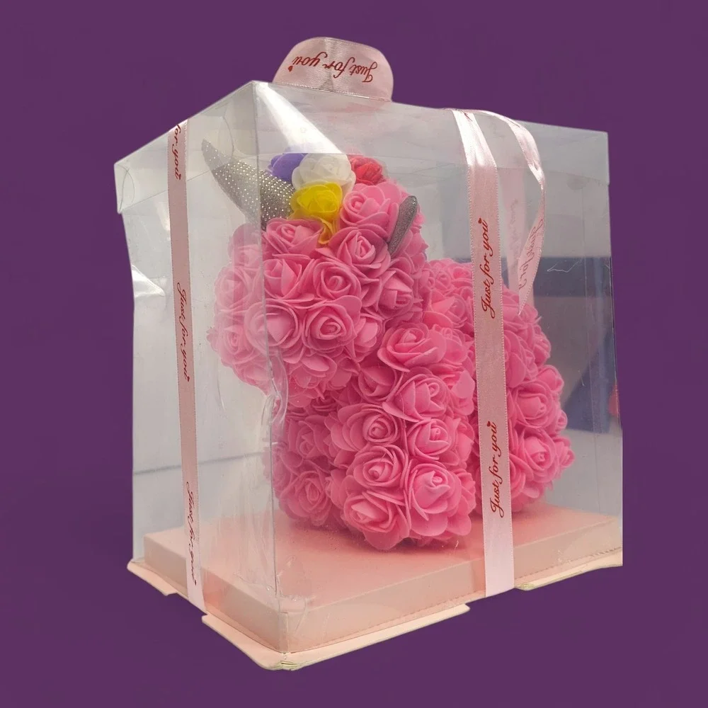 Rose Unicorn Gift - Pink Foam Flowers, Rainbow Mane, 